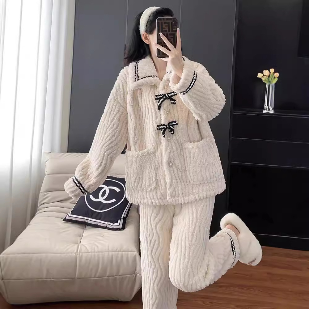 Tweed Style Cardigan Pajamas for Women to Wear Winter Coral Velvet Bow Home Clothes Thickeneded Large Size Sweet Lapel Suit