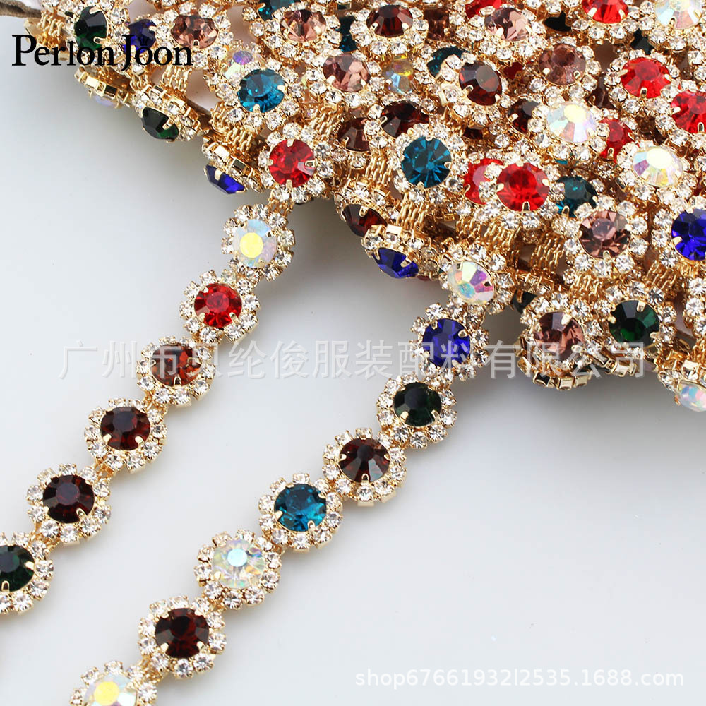 Foreign trade gold mixed color sun diamond chain color rhinestone code chain trim 1cm wide diamond chain decoration