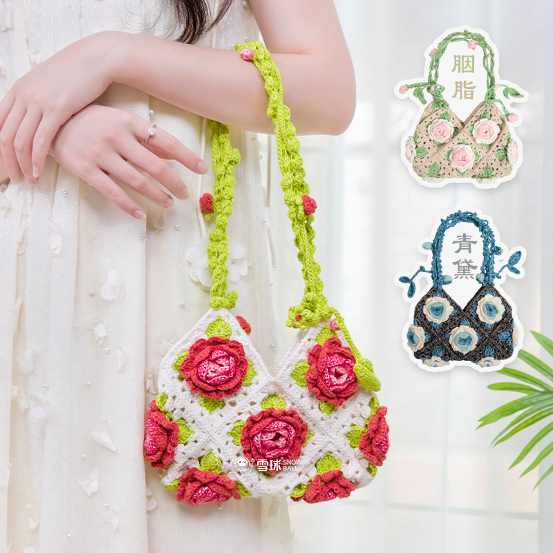 snowball diy handmade camellia love handbag wool crochet woven material bag mori pastoral style shoulder bag