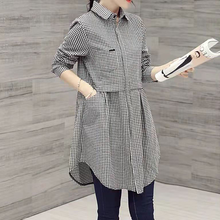 Picture of Korean Style Loose Large Size Shirt Women's Spring and Autumn New Arrival Plaid Shirt All-Match Fashionable Mid-Long Long Sleeve Top