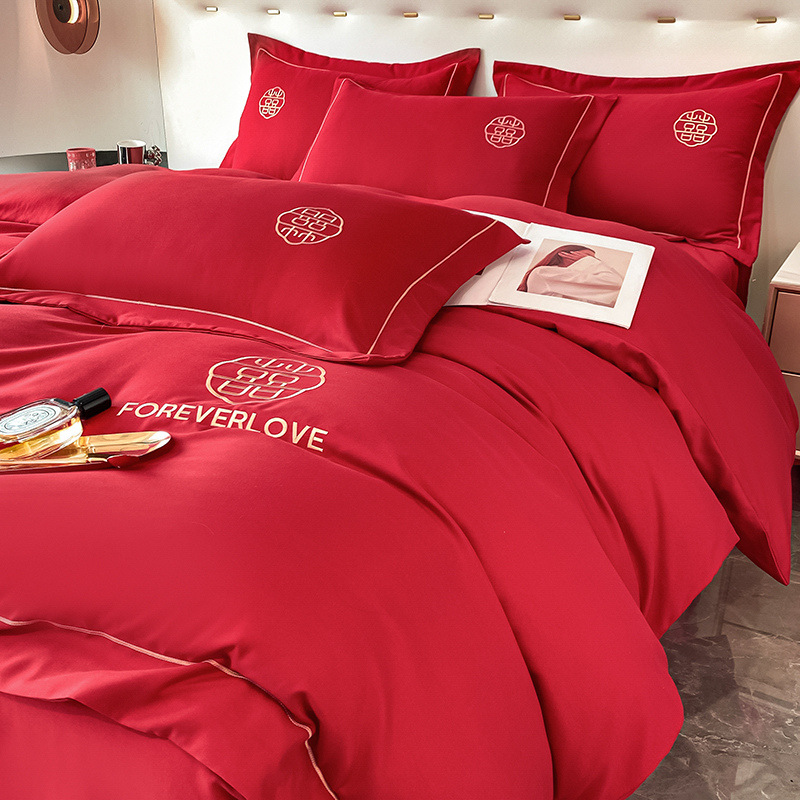 Picture of Wedding washed cotton festive four-piece set Chinese bright red bed sheet high-end embroidered quilt cover wedding room bedding