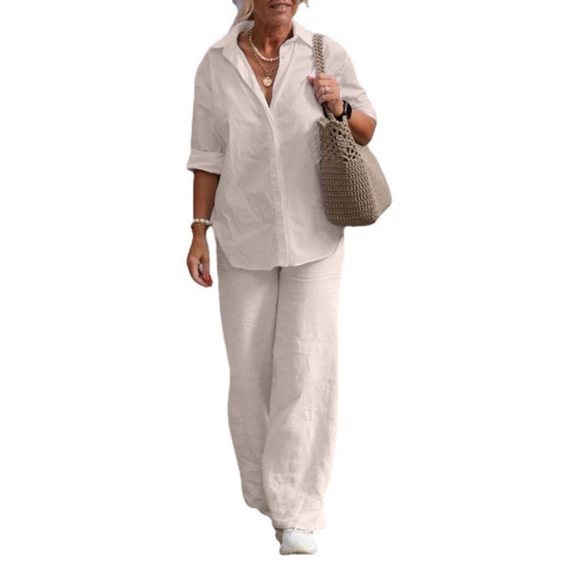 Picture of European and American Cross-Border Women's Two-Piece Set for Women 2024 Lapel Long-Sleeved Shirt Spring and Autum Casual Pure Color Pants Wide-Leg Suit