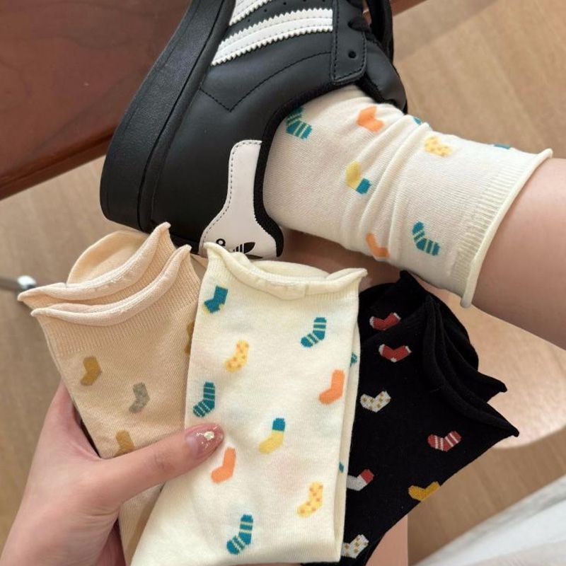 Spring and Autumn Mid-tube Socks Women's Japanese-style Roll-up Stacking Socks Summer Thin Cute Fashionable Girl Student Socks All-match