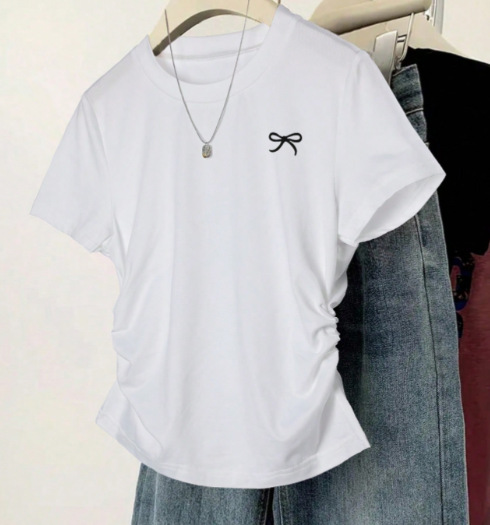 Picture of In-Stock Cute Style Regular Shoulder Short-Sleeve T-Shirt with Printed Waist, Slimming, Versatile Korean Version, Slim Fit, Plus-Size, Slightly Chubby Top for Summer