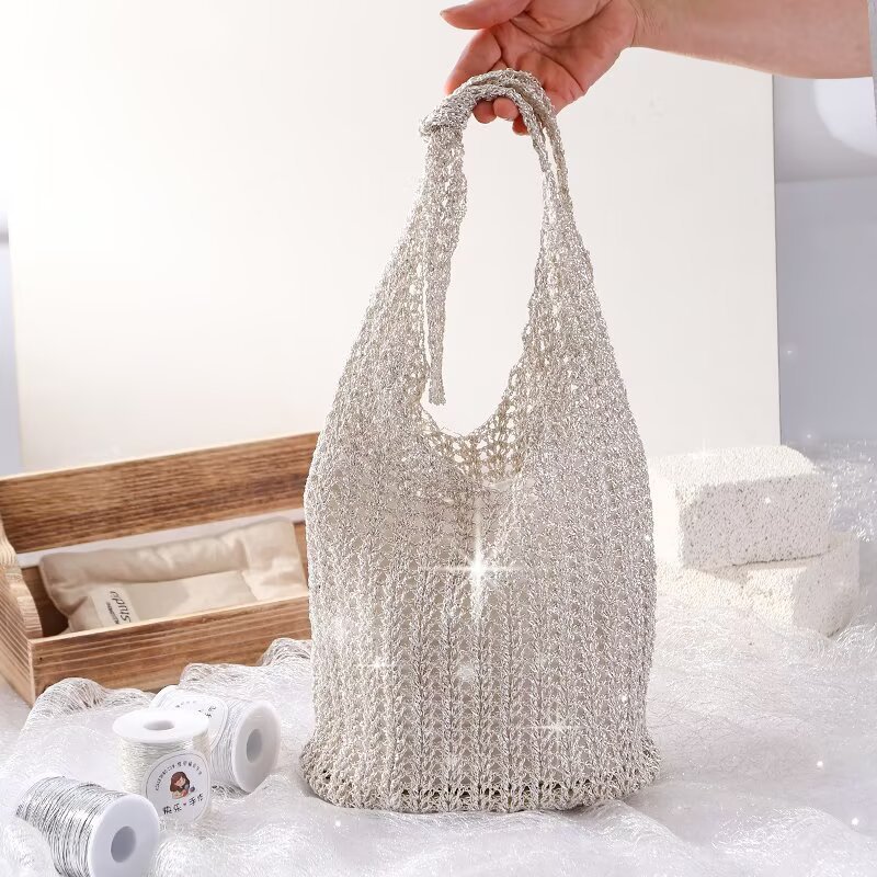 Light Luxury Core-Spun Silver Glitter Yarn, Special Weaving Thread, Silk Fancy Handmade Crochet Bag Thread, Woven Handbag with Crushed Silver Thread