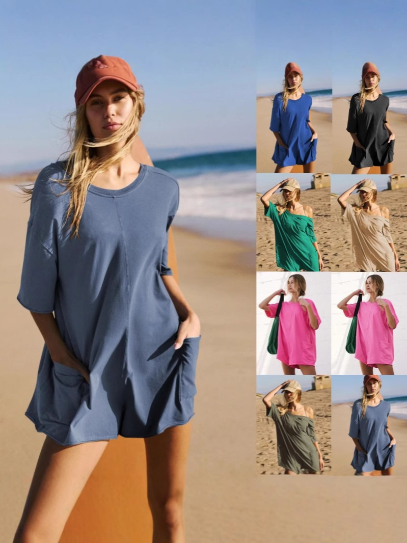Picture of Amazon European and American Women's Independent Station New Loose Casual Pocket Pumpsuit Short Sleeve V-Neck Backless Pumpsuit