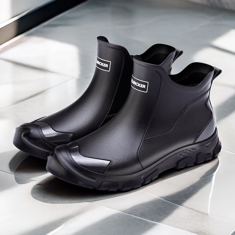 Trendy Short Rain Boots Fashion Contrast Color Black Red Bottom Rain Boots Urban Men's Water Boots Kitchen Non-Slip Wading Boots Rubber Shoes