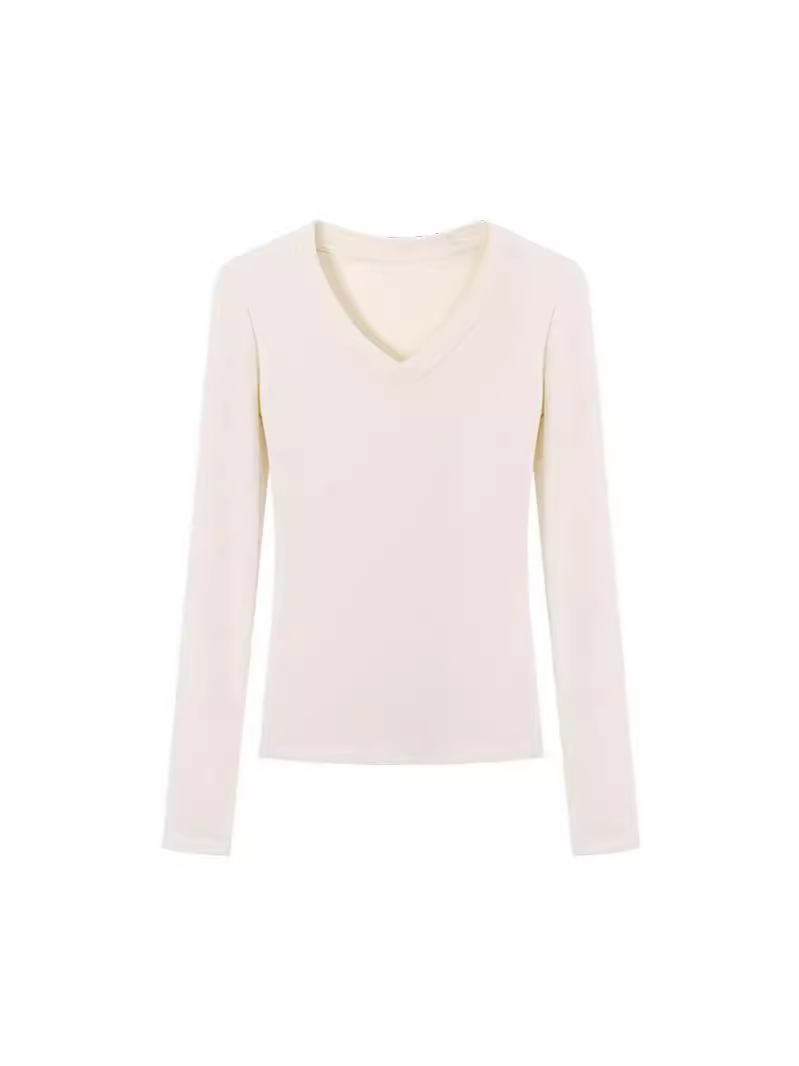 Picture of Solid Color Base Shirt with V-Neck Long-Sleeved Top Women's Spice Girls Shoulder Short T-Shirt Slim-Fit Waist-Tight Autumn Wear for Summer