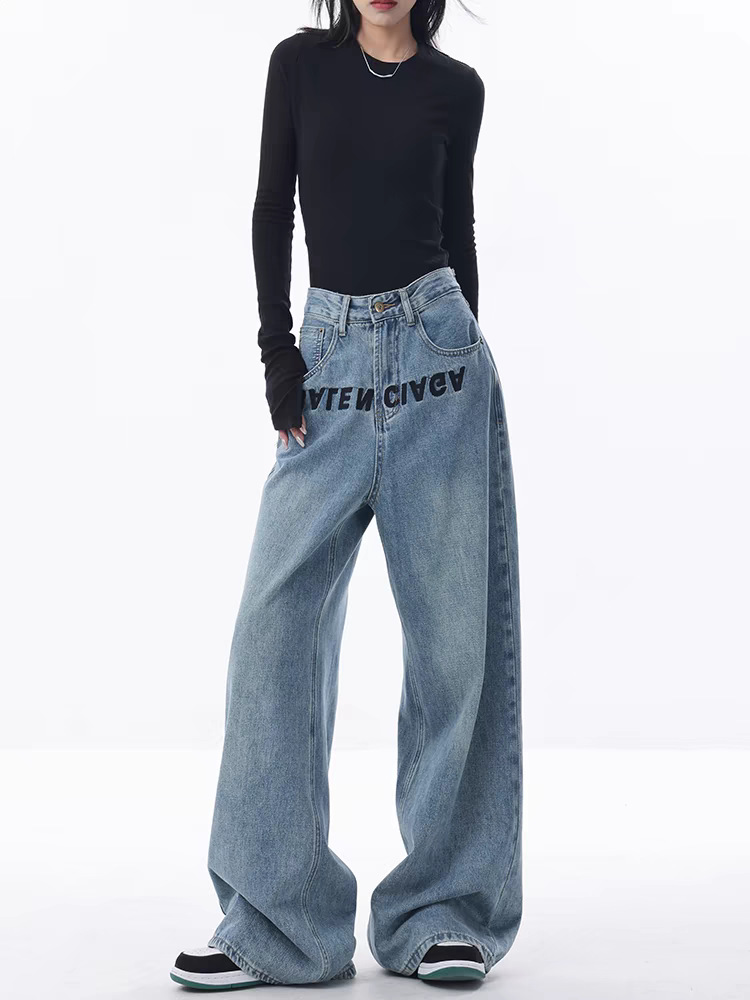 Picture of Amazon European and American Style Cross-Border New Blue Jeans Women's Embroidered Design Loose Wide-Leg Pants Floor-Length Pants