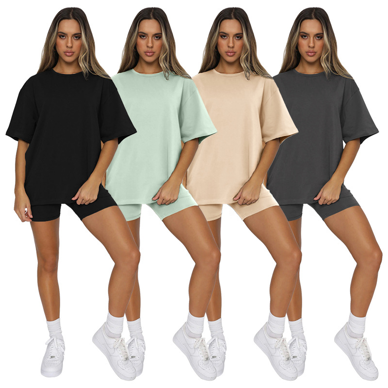 Picture of Cross-Border European and American Summer Solid Color Short-Sleeved Round Neck Pullover Top Urban Casual Shorts Fashion Suit Women's New Product