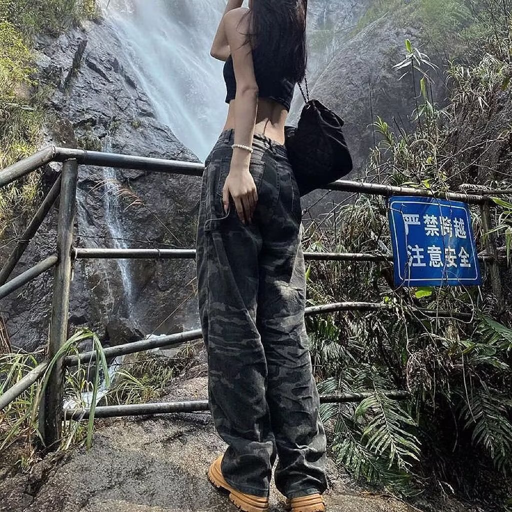 High Waist Retro Loose Slim Look Fashionable Straight Jeans Women's 2023 New Hip Hop Spice Girls Camouflage Overalls