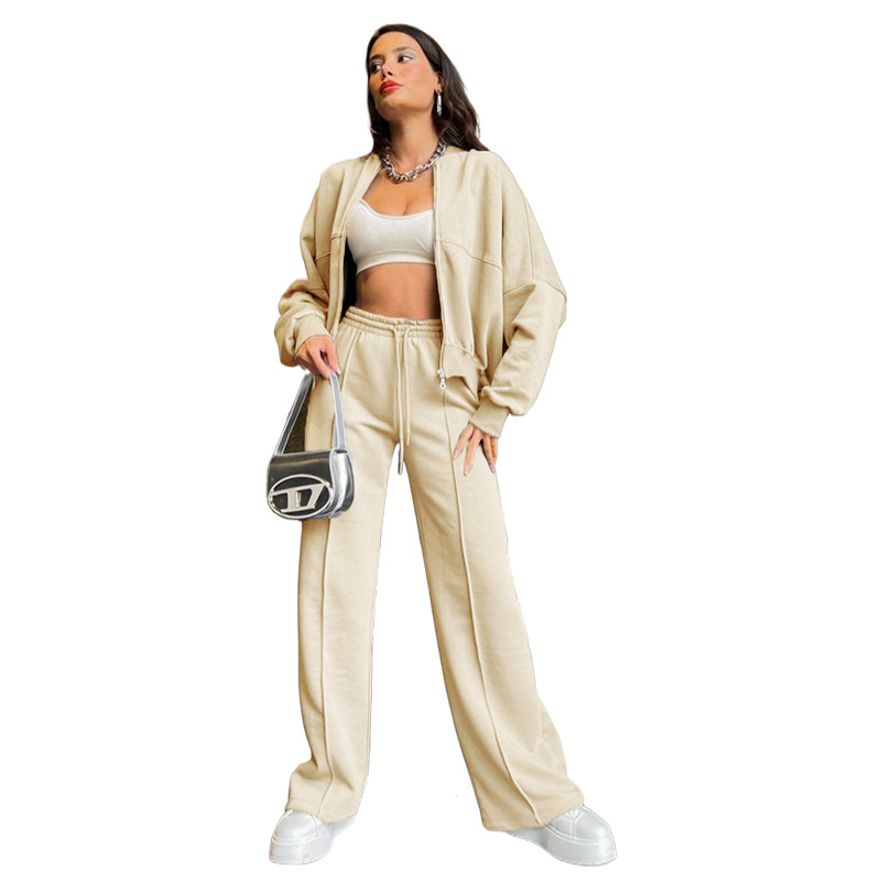 Picture of 211348 autumn and winter new cross-border European and American solid color zipper cardigan sweater women's fashion casual straight pants suit