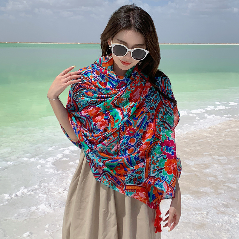 Picture of Summer Outdoor Leisure Comfortable Breathable Scarf Ethnic Style Vacation Cloak Beach Seaside Photo Play Large Shawl