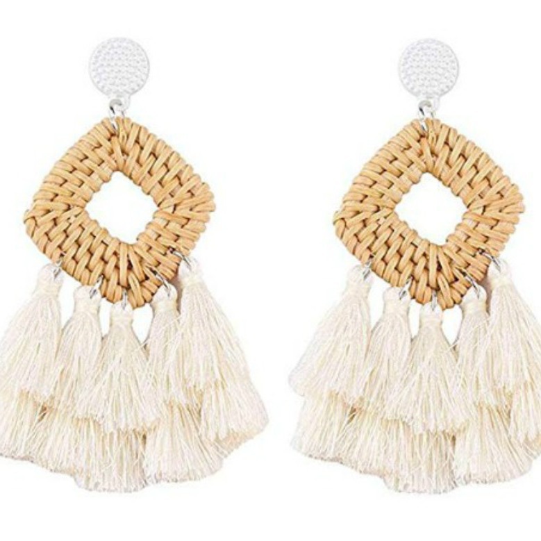 Picture of European and American Cross-Border Amazon Hollow Square Tassel Earrings, Fashionable Retro Personality Geometric Rattan Set Earrings