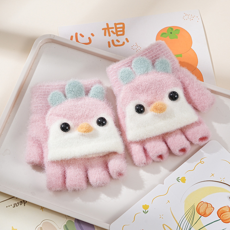 Picture of Children's flip gloves autumn and winter boys half finger warm cute Primary School students writing knitted dual-purpose gloves wholesale