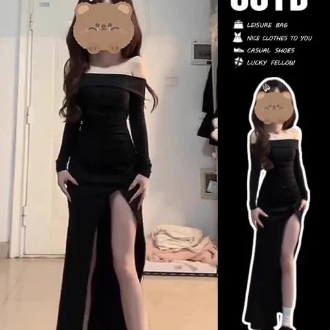 Black Spice Girls Sexy Slim Fit Shoulder Open Shoulder Split dress Children Spring and Autumn 2024 New Hip Dress
