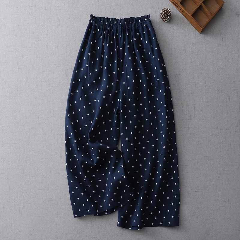Japanese Style Small Wave Dot Stressed Waist All-match Casual Pants Women's Summer New Artistic Retro Stressed Waist Straight Cropped Pants