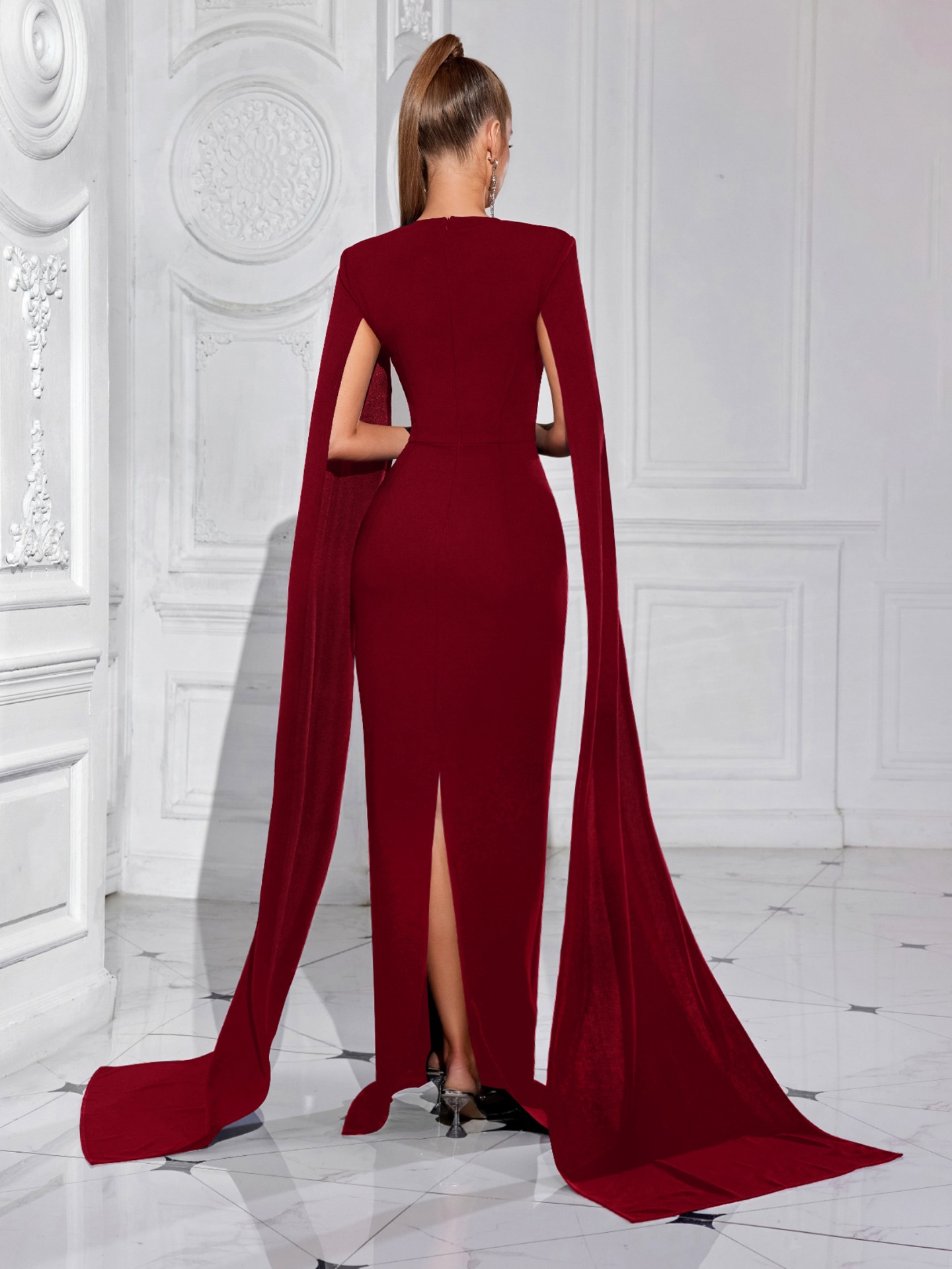 Picture of Europe and the United States Cross-border Sexy One-character Collar Diamond Stitching Evening Dress Mopping Long-sleeved Rear Split Solid Color Banquet dress