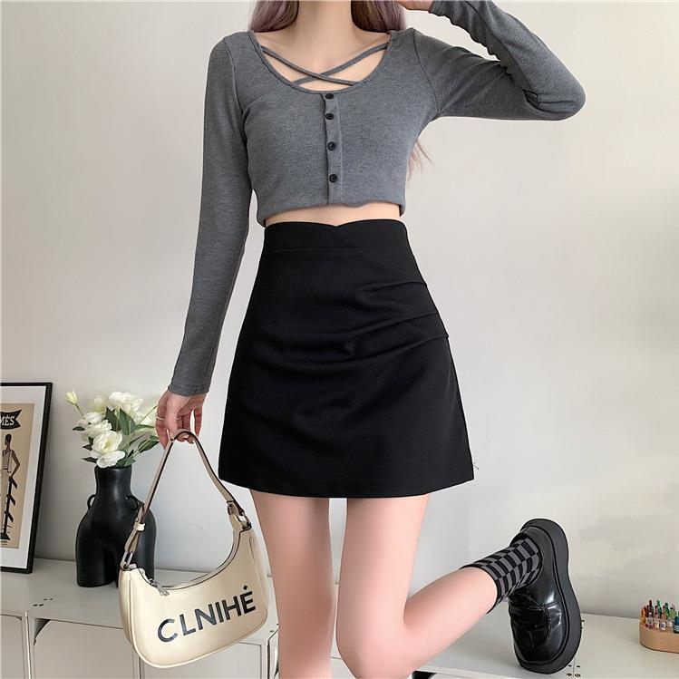 High Waist A- Line Skirt Children's Design One-Step Skirt Irregular Hip Skirt Ins Short Skirt Outer Wearing Pleated