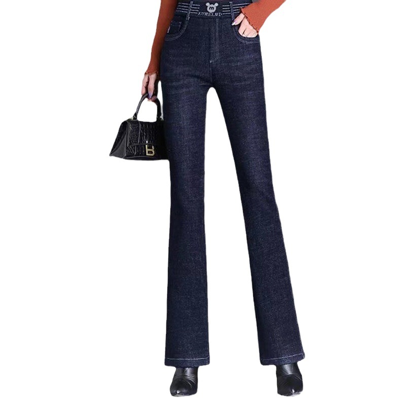 Skinny jeans women's fleece-lined thickened trousers warm autumn and winter high waist straight elastic waist lambswool flared pants