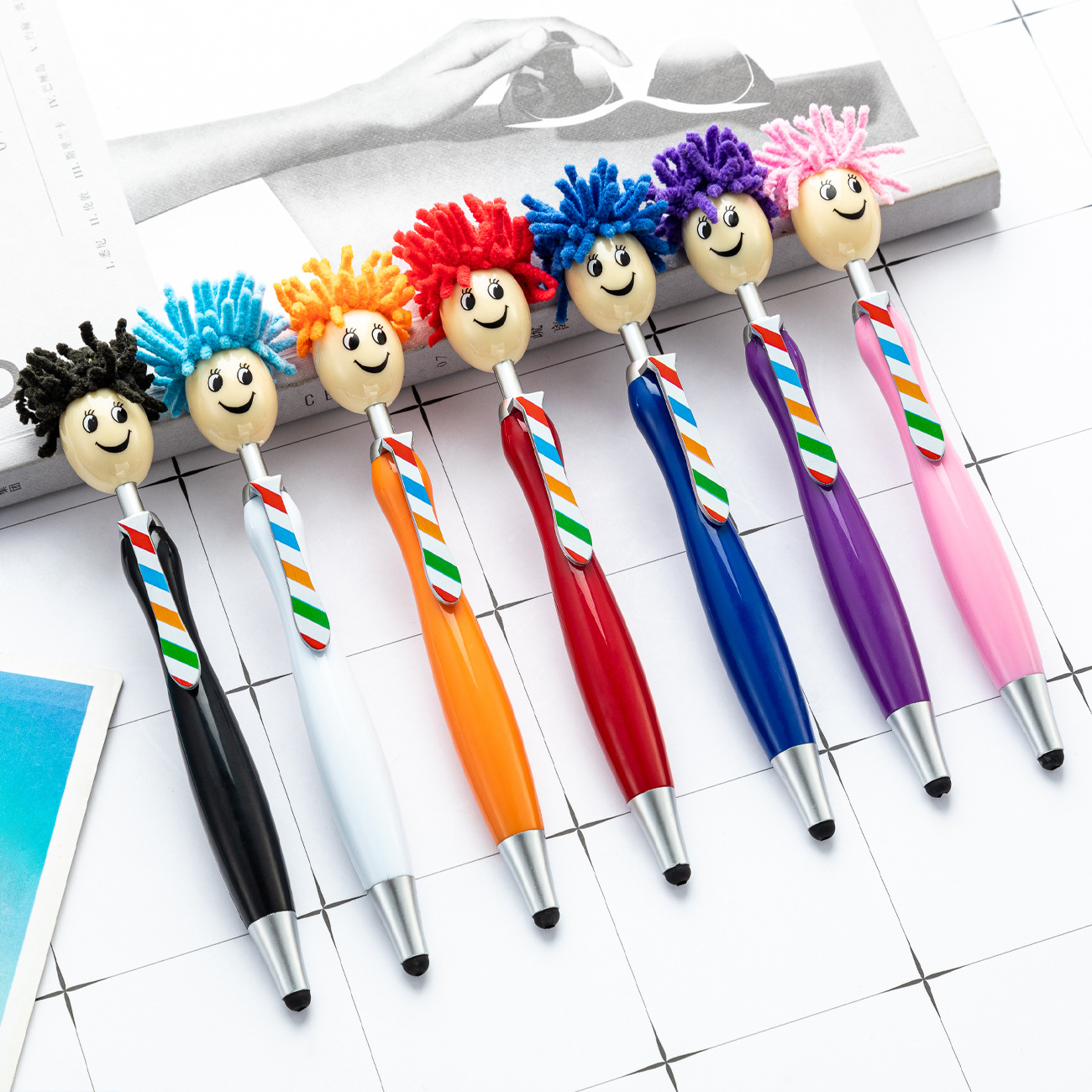 Cute plush doll head ballpoint pen printable logo three-dimensional cartoon smiley touch pen Christmas gift pen