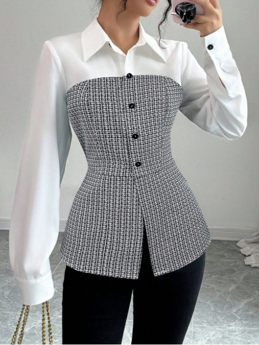 Spring and Autumn Shirt Collar Single Breasted 2-in -1 Striped Shirt