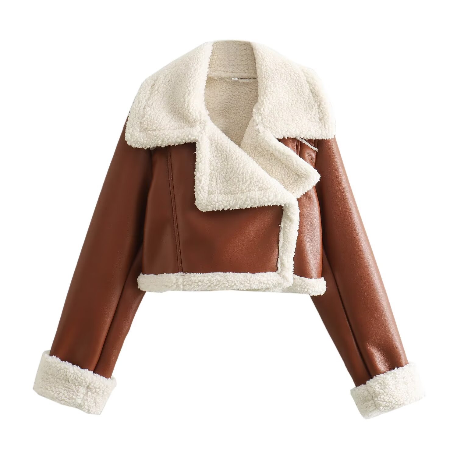 Picture of 2024 autumn and winter new European and American style double-sided loose short PU leather jacket zipper decoration fur one-piece leather jacket