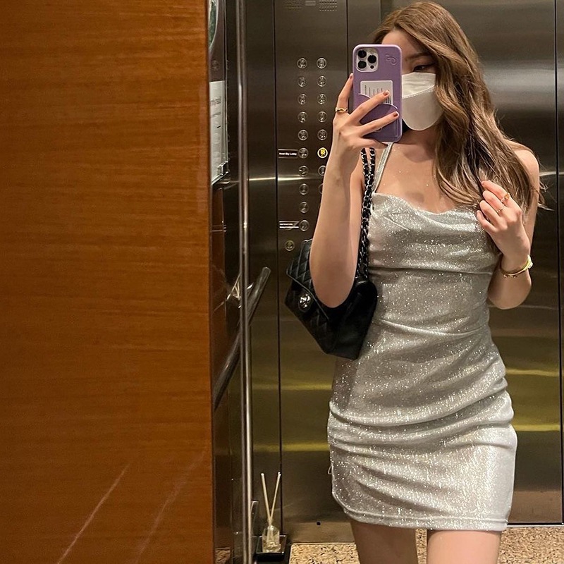 JFL22286 Strap Thin Flash Sexy Backless Strap dress European and American Elegant Hot Girl Dress Hip Skirt for Women