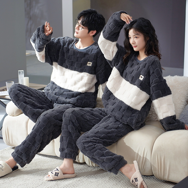 Couple pajamas men and women autumn and winter round neck coral velvet jacquard long sleeve thickened round neck plus size homewear suit
