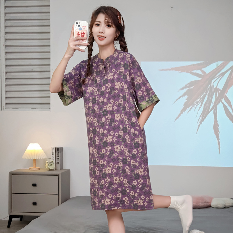 Summer New Pure Cotton Thin Short-sleeved Double-layer Yarn Nightdress Women's V-neck Pajamas Long dress Home Wear