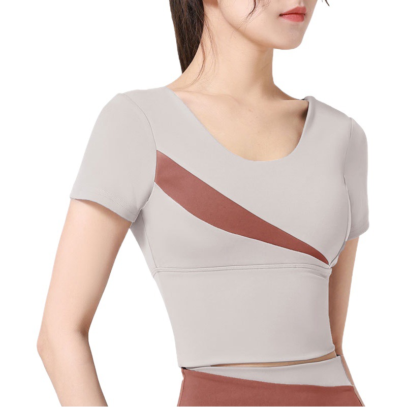 Juyitang Nude Sports Bodysuit Peach Diagonal Patchwork Top No Need to Wear Bra Outer Wear Yoga Short Sleeves