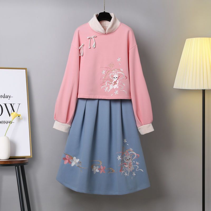 [Cotton] Chinese style baby velvet autumn and winter ancient costume improved embroidered top skirt Han Element New Year greeting clothes suit
