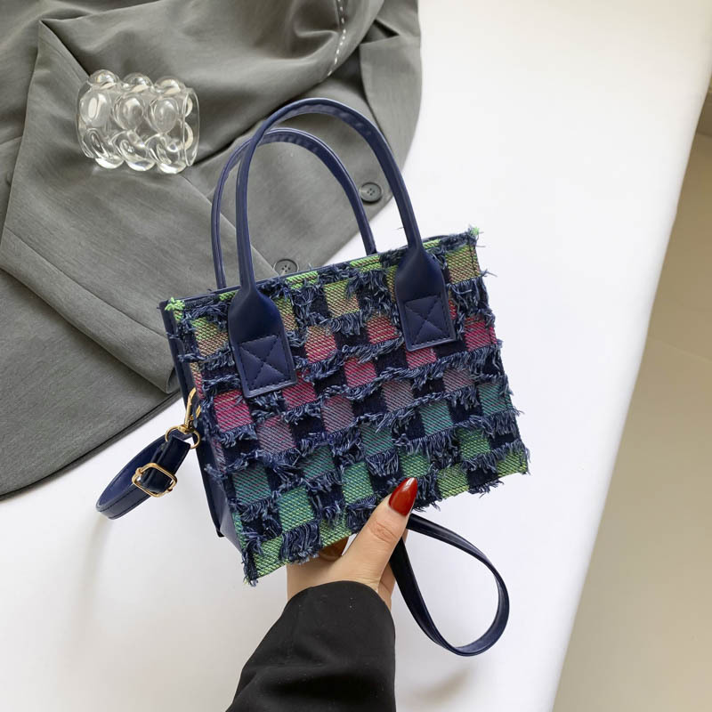 New Arrival Denim Canvas Bag Checkboard Women's Bag Niche Fashionable Trendy All-match Portable Small Square Bag Crossbody Bag