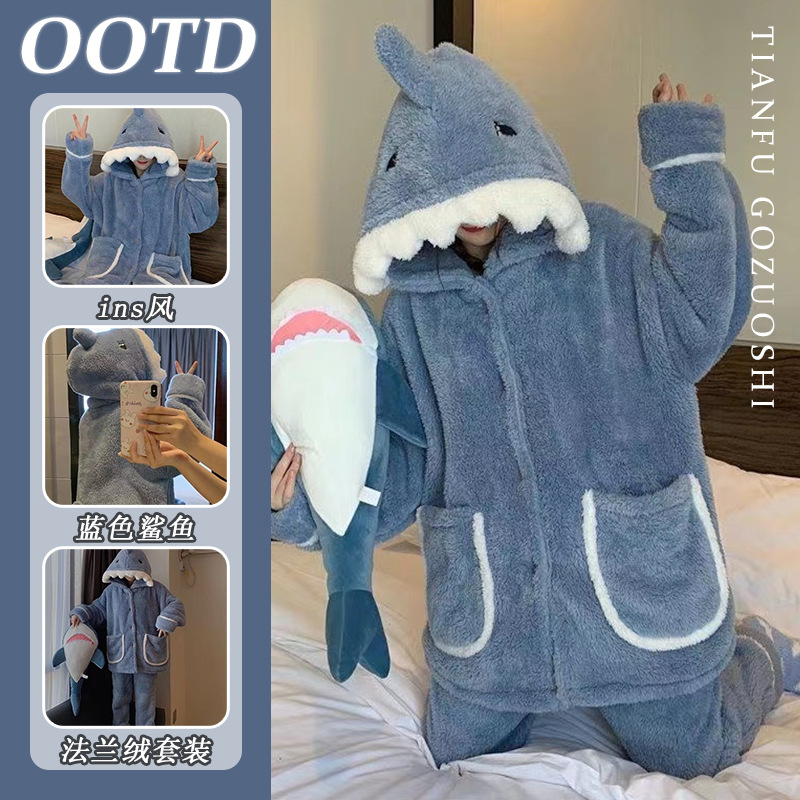 Cute Coral Fleece Pajamas Women's Winter Thickened fleece-lined Warm Shark Flannel Hooded Outwear Home Clothes