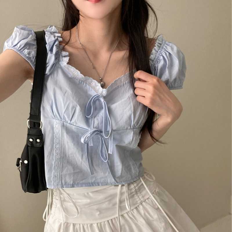 Korean Summer New Ins Lace-Up Lace Short-Sleeved Shirt for Women