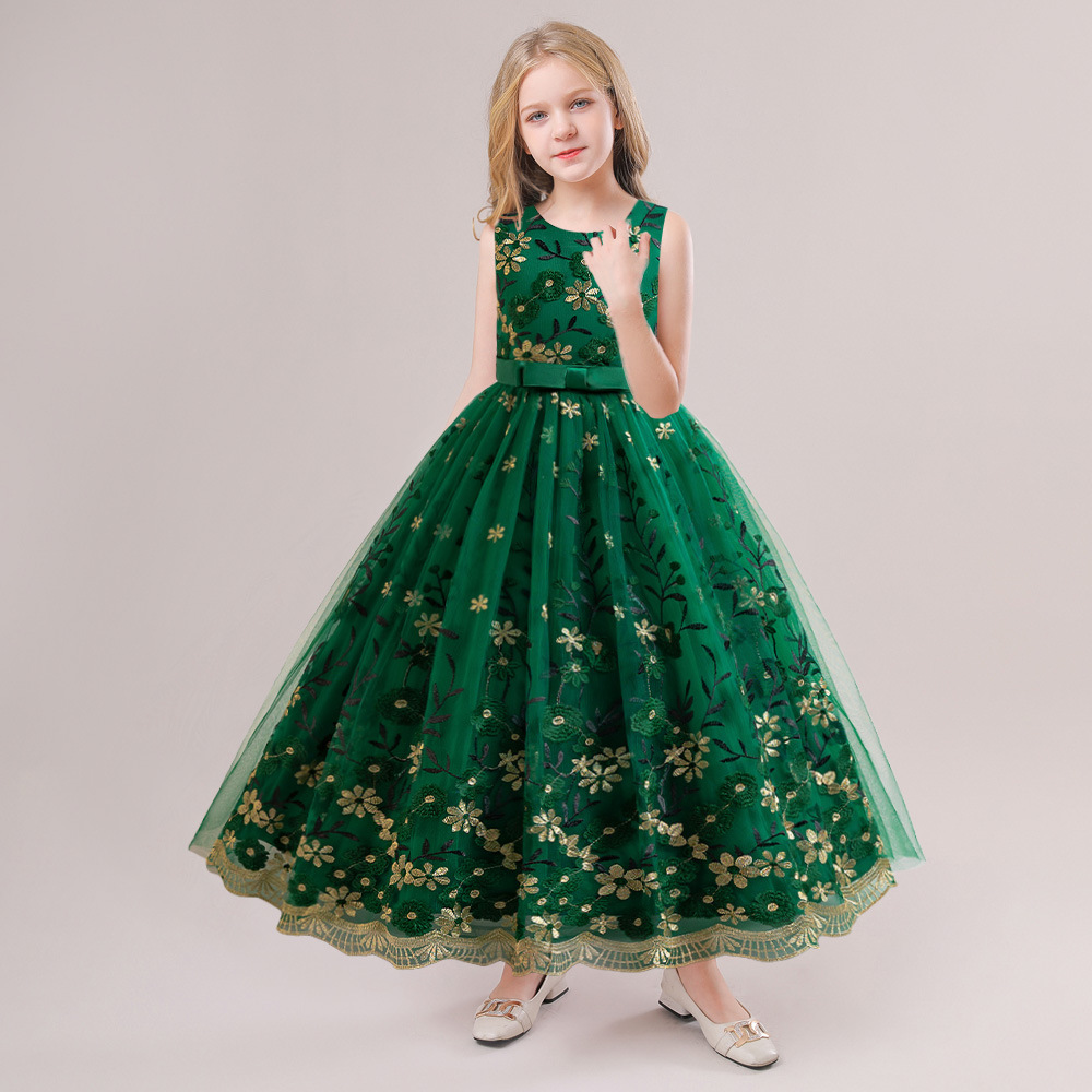 Cross-border New Large Children's Dress Embroidered Sleeveless Mesh Dress Long Princess Dress Piano Holiday Costume