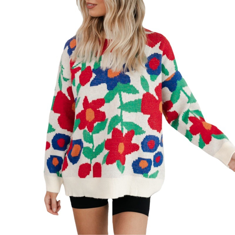 2023 cross-border Amazon autumn and winter thickened large flower embroidered round neck loose knitted sweater pullover for women