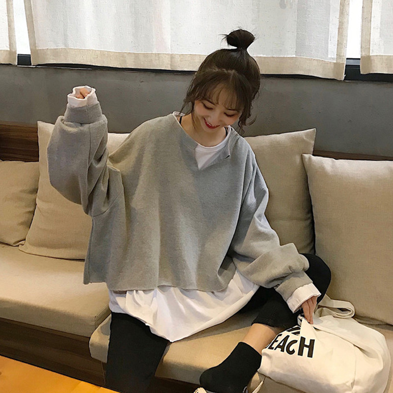 2025 New Autumn Korean Style Loose Versatile Design Fashionable Faux Two-Piece Long-Sleeve T-Shirt Sweatshirt Women's Top Trendy