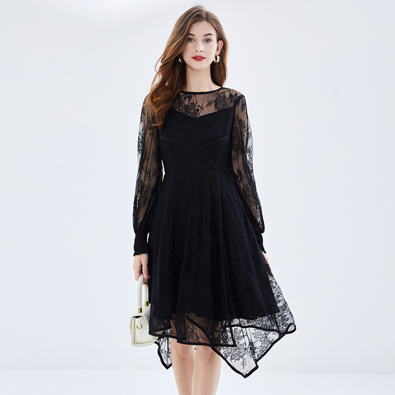 Picture of Spring and Summer New Sweet Style Large Size Young Dress Chubby Perspective Lace Wrap Lantern Sleeve Sun-proof Small Black Dress