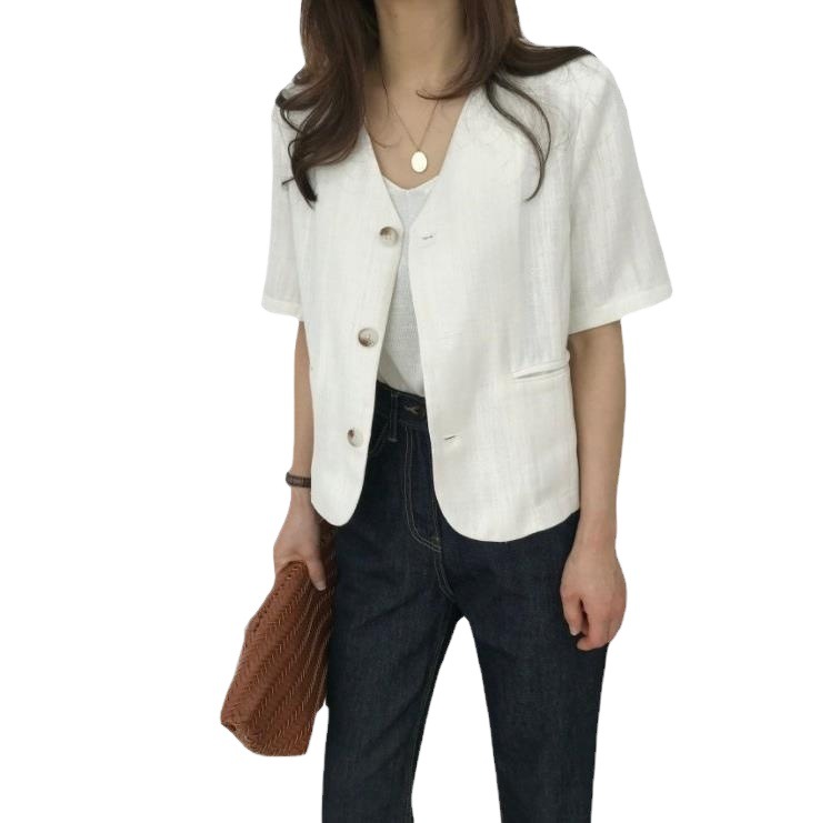 Picture of Korean Ins Short Small Suit Tops for Women 2024 Summer New Cotton and Linen Loose Short-Sleeved Tops Jacket