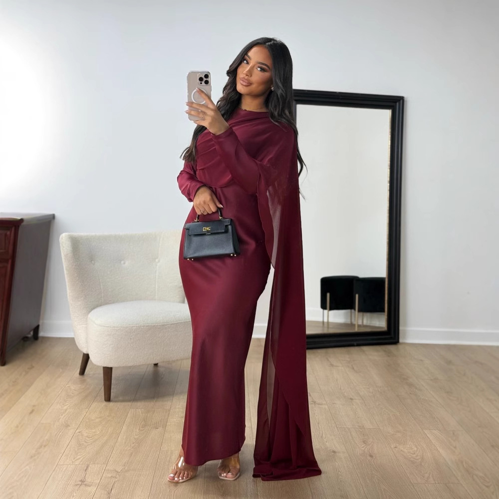 Picture of 2024 Autumn and Winter Cross-border Foreign Trade Women's Clothing Amazon Independent Station ebay Middle East Wrapping Hip Satin Chiffon Evening Dress