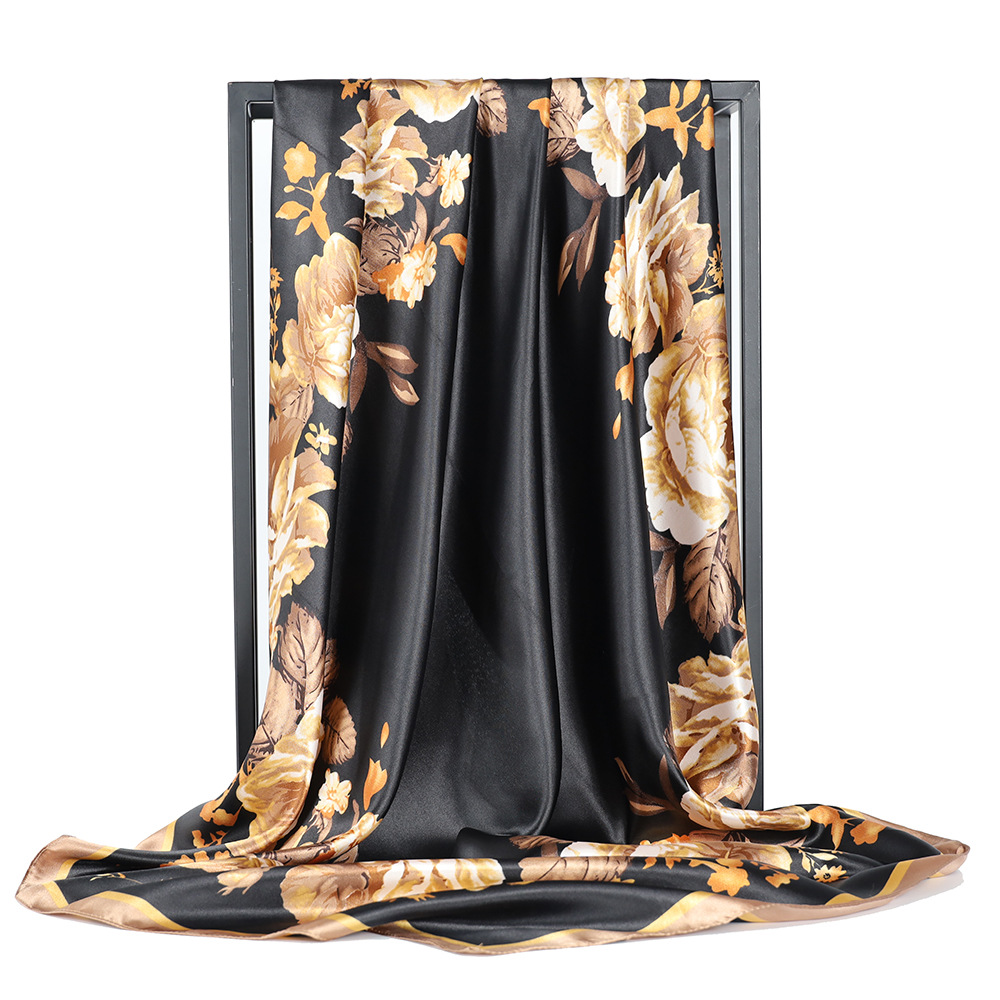 Black gold rose scarf women's printed scarf 90 * 90cm large square scarf Malaysia casual scarf Bawal