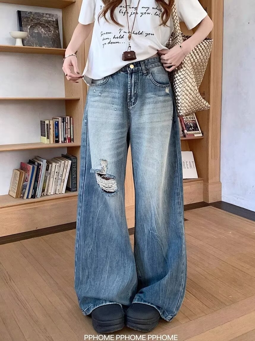 American Style Retro Ripped Jeans Women's Loose Slimming High Waist Wide Leg Pants New Arrival Old Straight Ripped Pants
