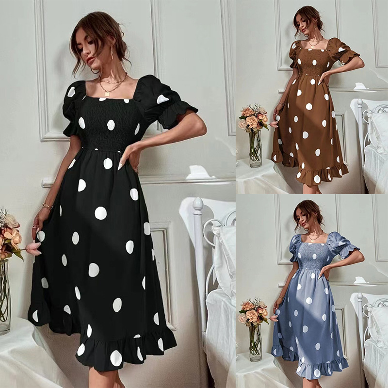 2023 Amazon cross-border hot women's polka dot slim sweet ruffled short sleeve large swing dress spot