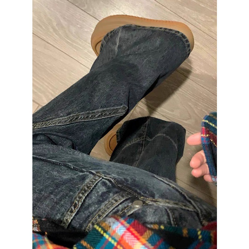 American Style Retro Stitching High Waist Micro-Lar Jeans Women's Spring and Autumn Loose Design European and American Wide Leg Pants