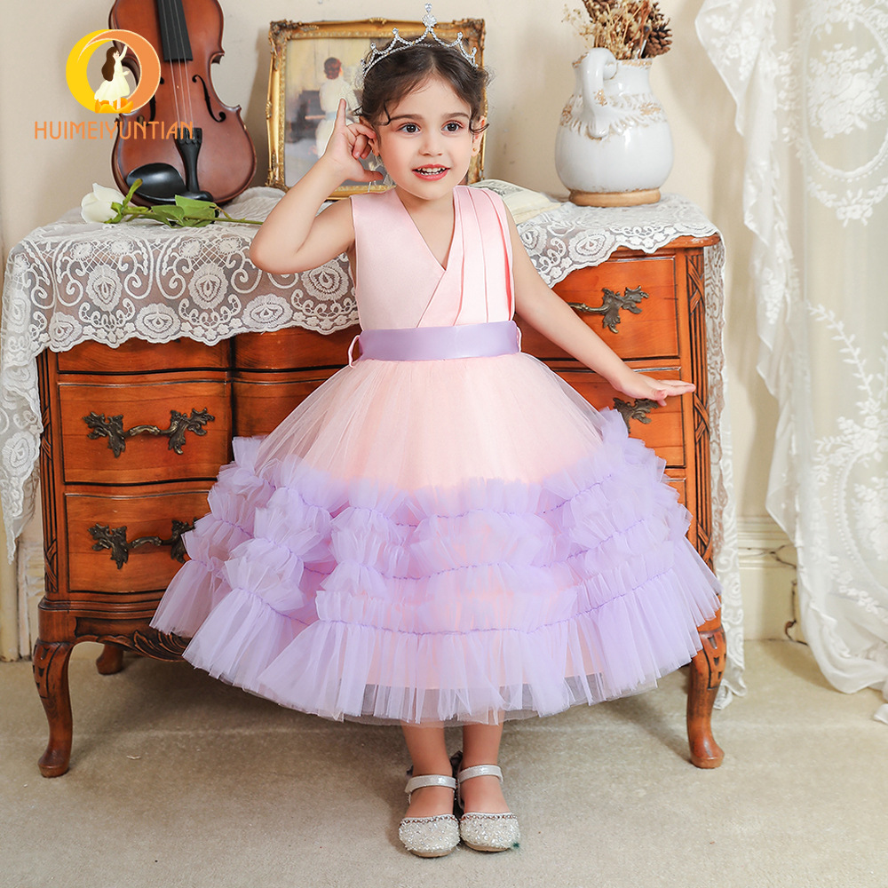 Super Fairy Children's Dress Dress 2025 Sweet Contrast Color Mesh Puffy Cake Dress Birthday Party One-Year-Old Children's Princess Dress
