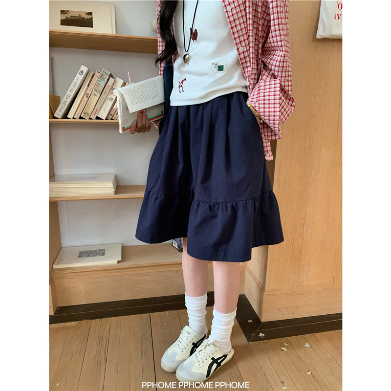 Japanese-Style Casual Navy Blue Spring/Summer 2025 New College-Style High-Waisted A-Line Elastic Short Skirt