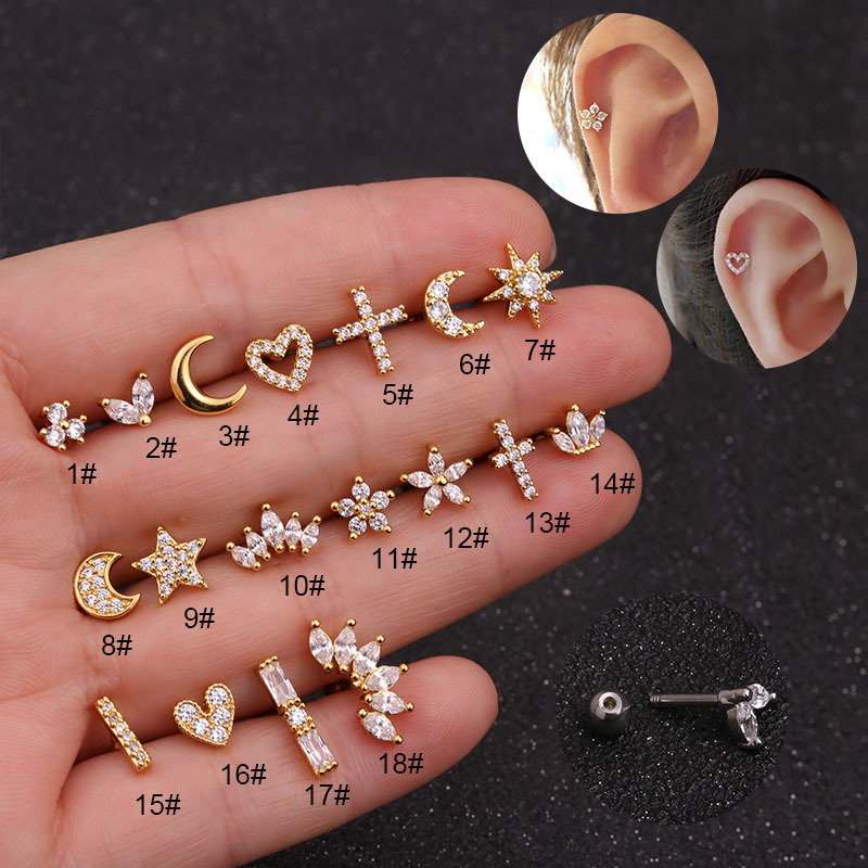 Picture of Titanium Steel Stainless Steel Rod Micro-inlaid Zircon Crown Ear Nail Screw Screw Ball Fashion Earrings European and American Piercing Jewelry
