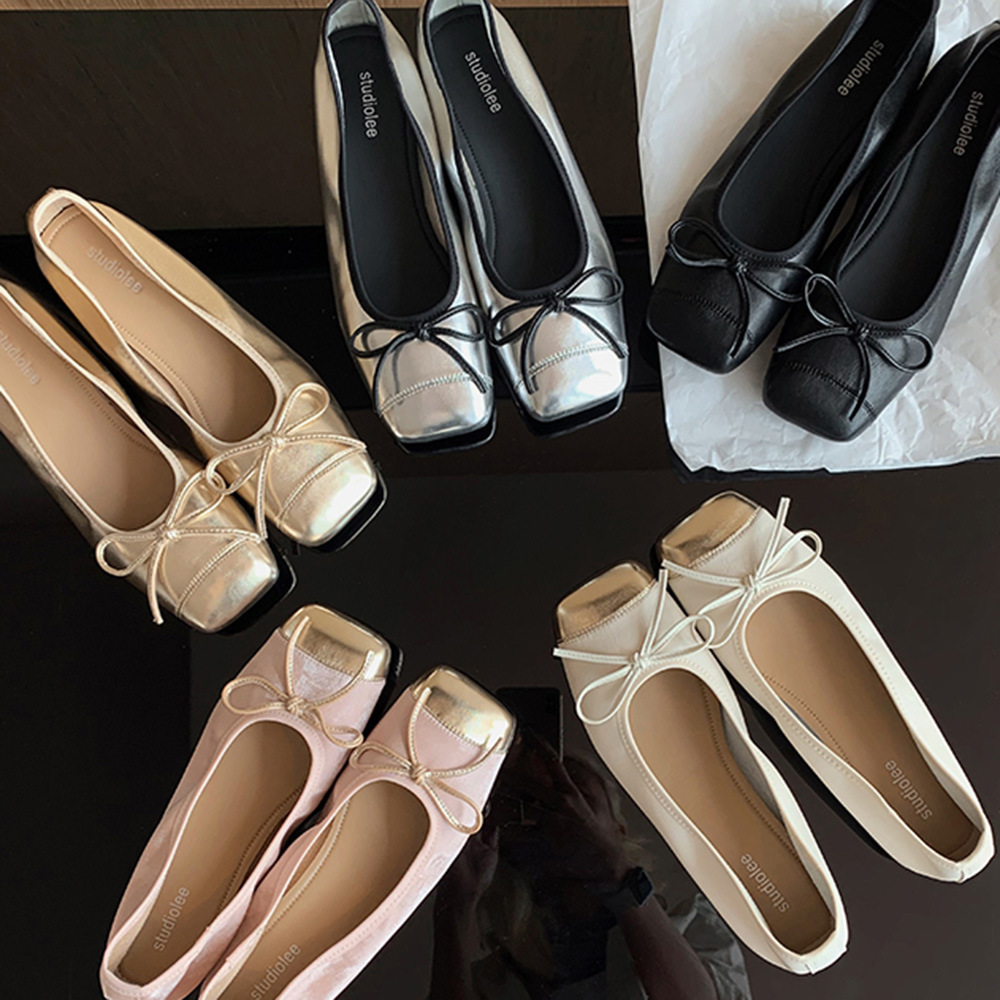 Grape Home ~ Cowhide Version Ballet Style Stitching Small Square Toe Shallow Mouth Slip-On Flats Bow Flats for Women
