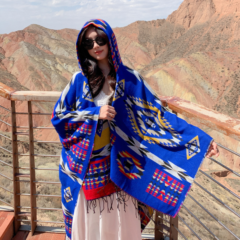 Spring Casual All-match Distinctive Ethnic Style Tassel Scarf Holiday Play Fashion Comfortable Warm Hooded Cape